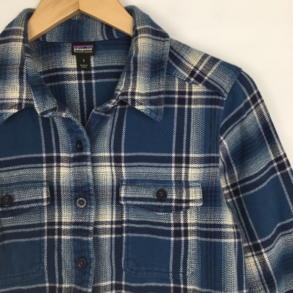 Patagonia Women's Fjord Flannel Button Up Shirt Organic Cotton Blue Plaid Sz 2 - Picture 5 of 12